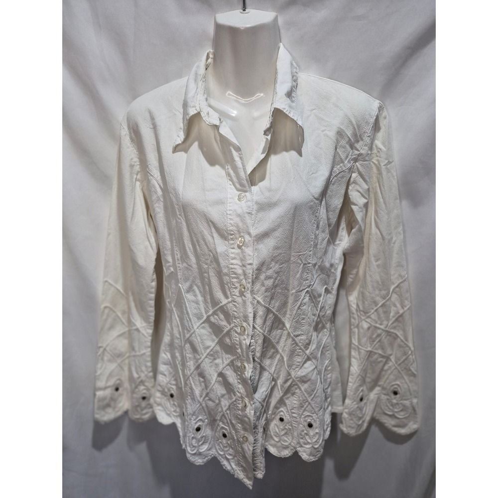 Scully Womens White Peruvian Cotton Embroidered Eyelet Western Blouse Medium